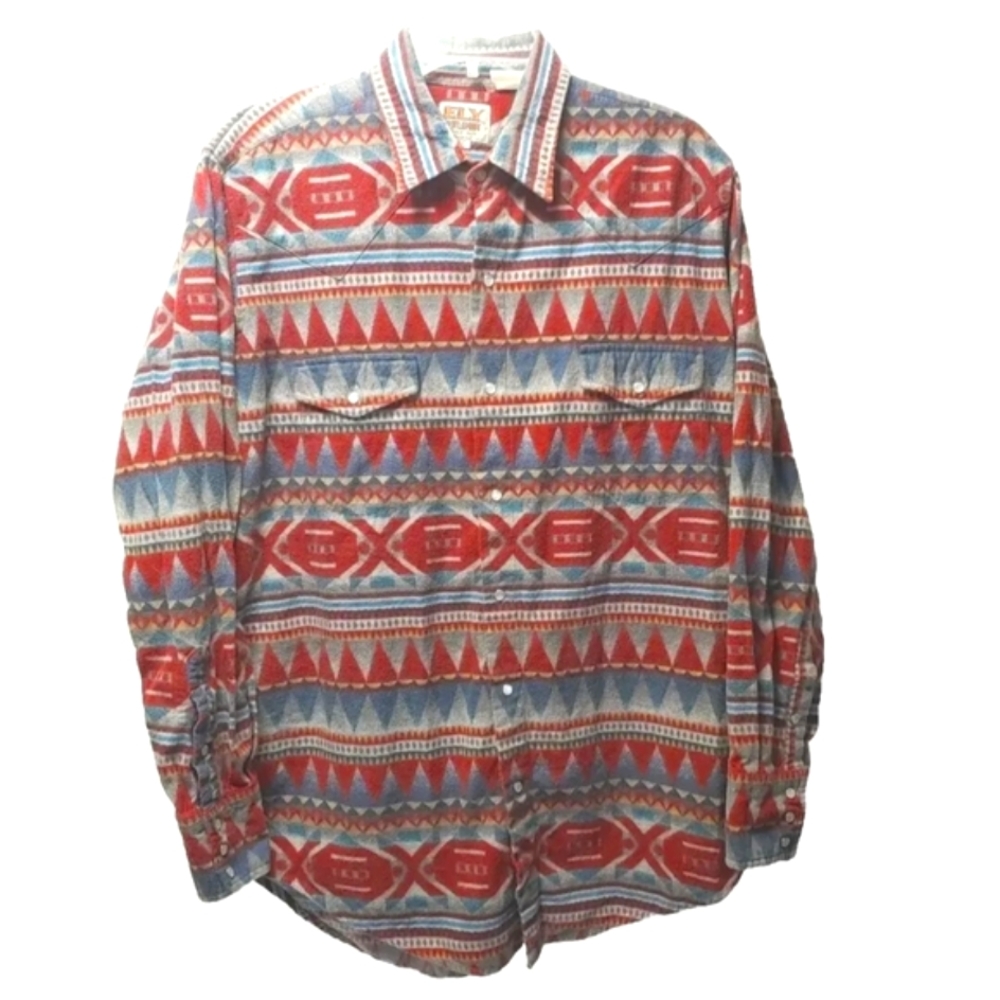 Ely Cattleman Aztec Pearl Snap Shirt Flannel Sz Large Southwestern Rockabilly